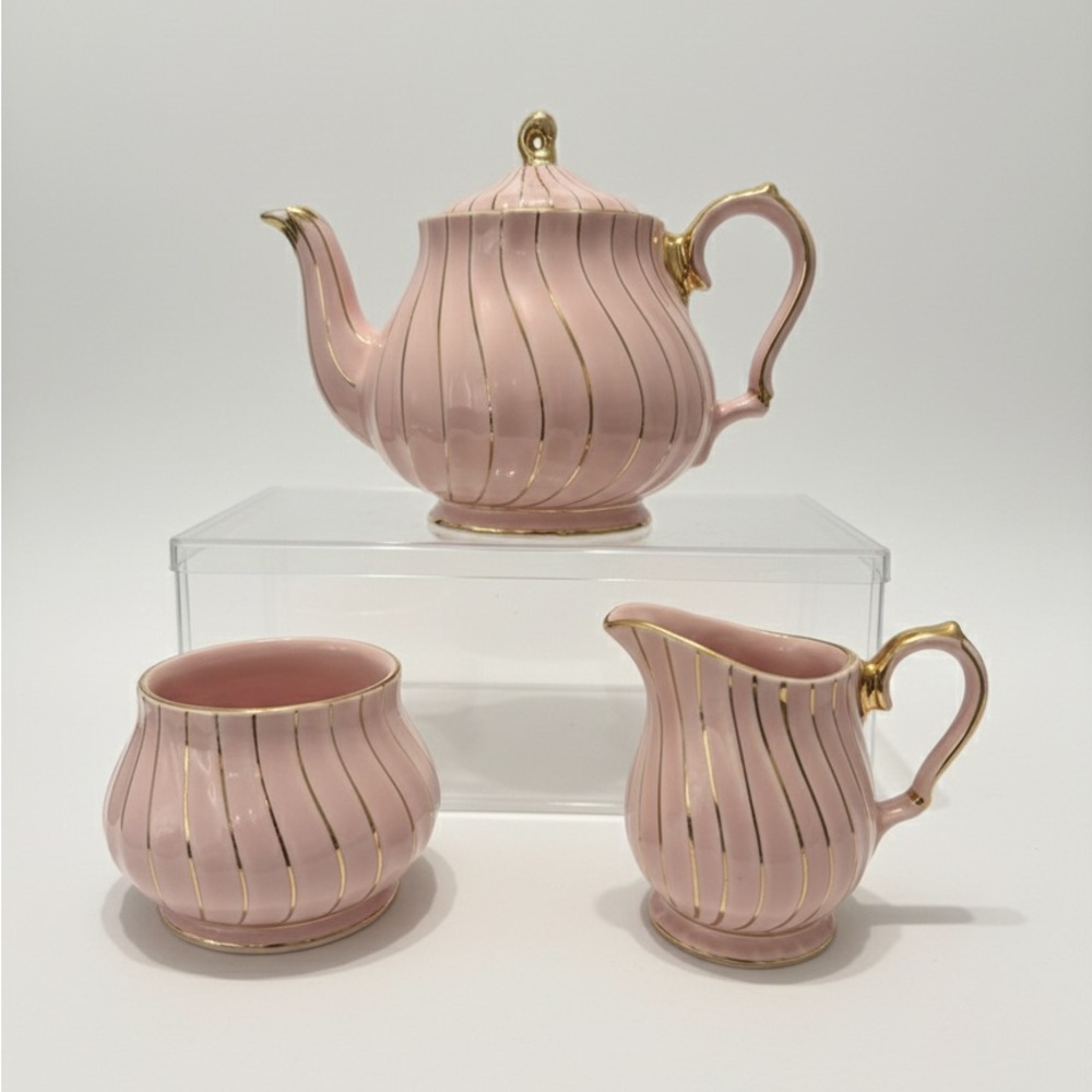 RARE Vintage Sadler Pink & Gold Stripe Teapot, Creamer, Sugar Set